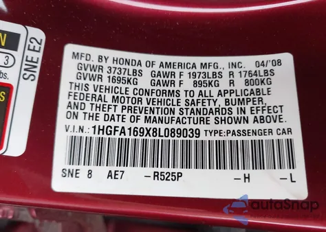 2008 Honda Civic Ex-L z USA, uszkodzony, nr VIN 1HGFA169X8L089039